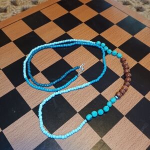 Turquoise and Coconut Wood Beaded Necklace with Sterling Silver Clasp Handmade